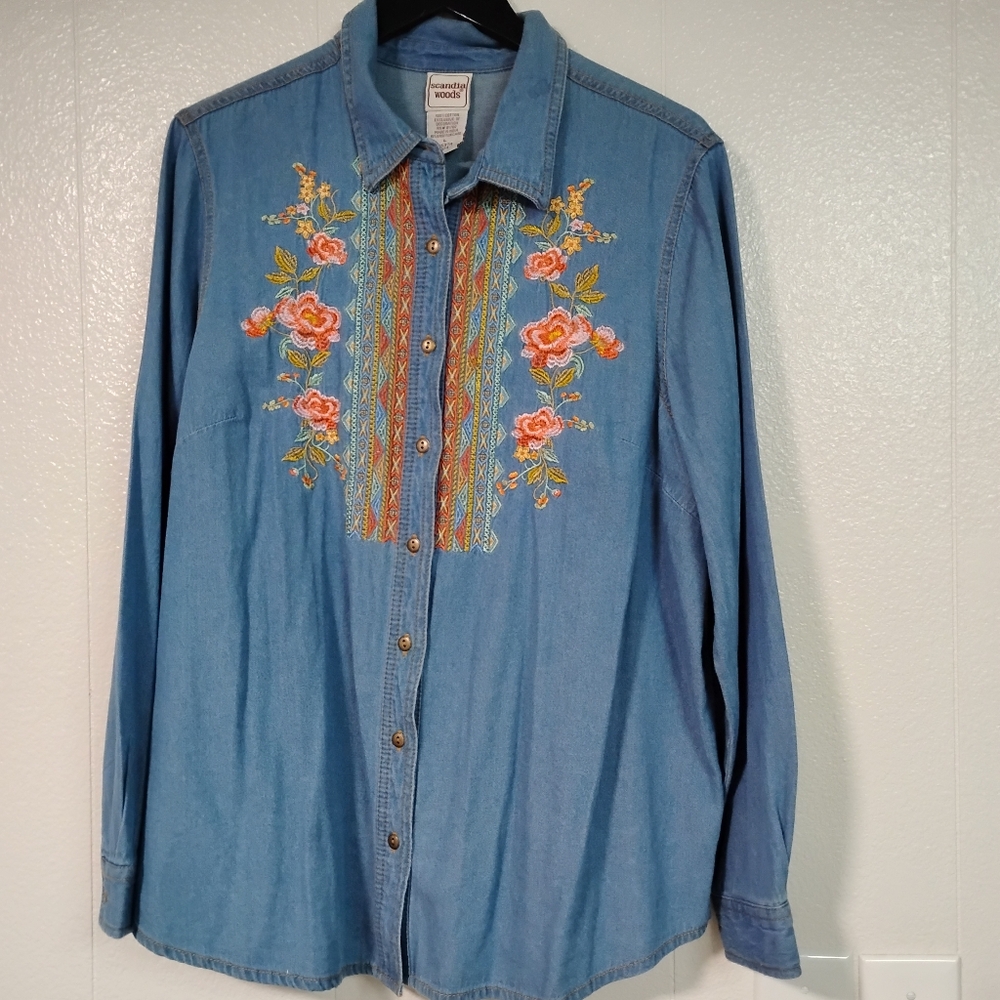 Vintage Scandia Woods Embroidered Denim Shirt L Western Boho Southwest Floral